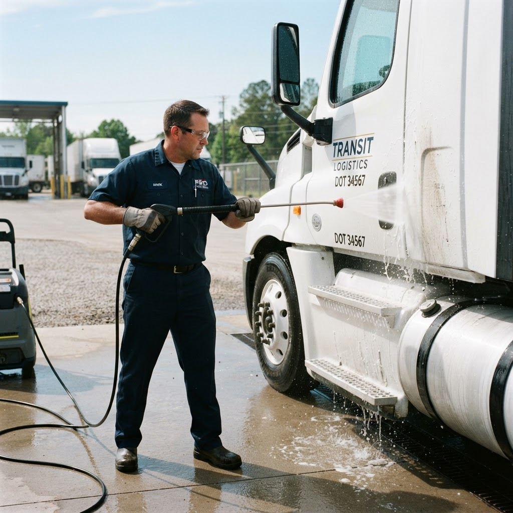 A1 Mobil technician pressure washing a commercial truck